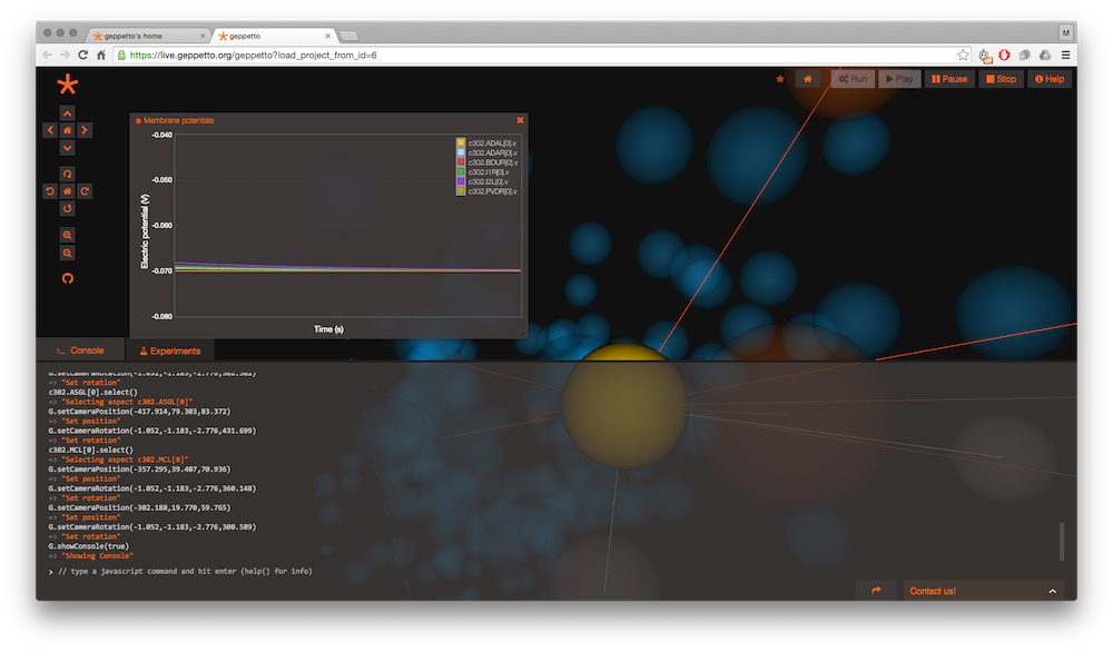 The c302 C. elegans network model in Geppetto, membrane potential traces above the JavaScript console