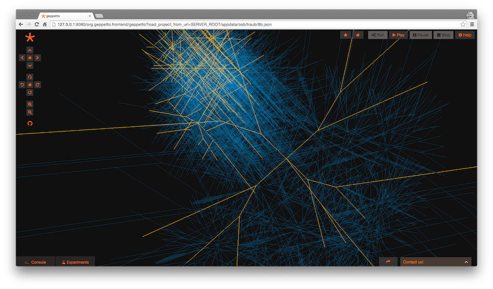 The Traub thalamocortical network model rendered in Geppetto as dense blue and yellow fibre bundles