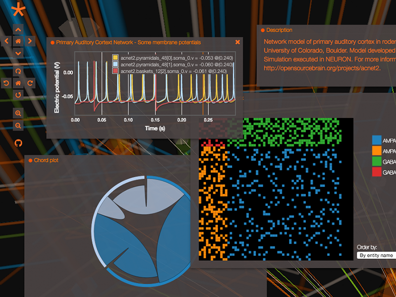 The Geppetto interface over a 3D network, with floating panels for membrane potentials of pyramidal and basket cells, a chord plot, and a colour-coded connectivity matrix