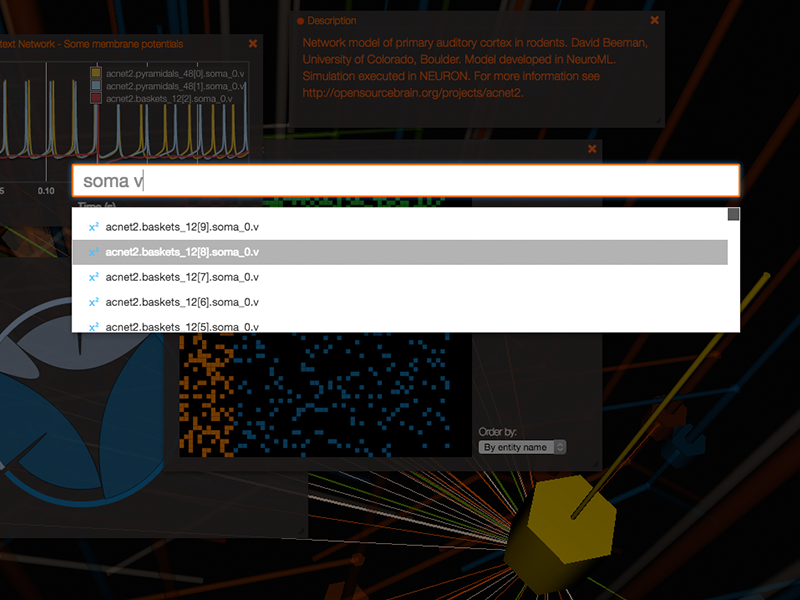 Geppetto’s search box filtering model variables, autocompleting soma voltage variables over the 3D scene behind it